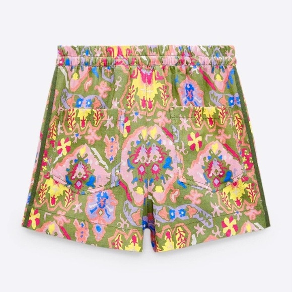 NWT ZARA Green Multicolor Aztec Printed Drawstring Linen Blend Beach Shorts XS - Picture 4 of 8